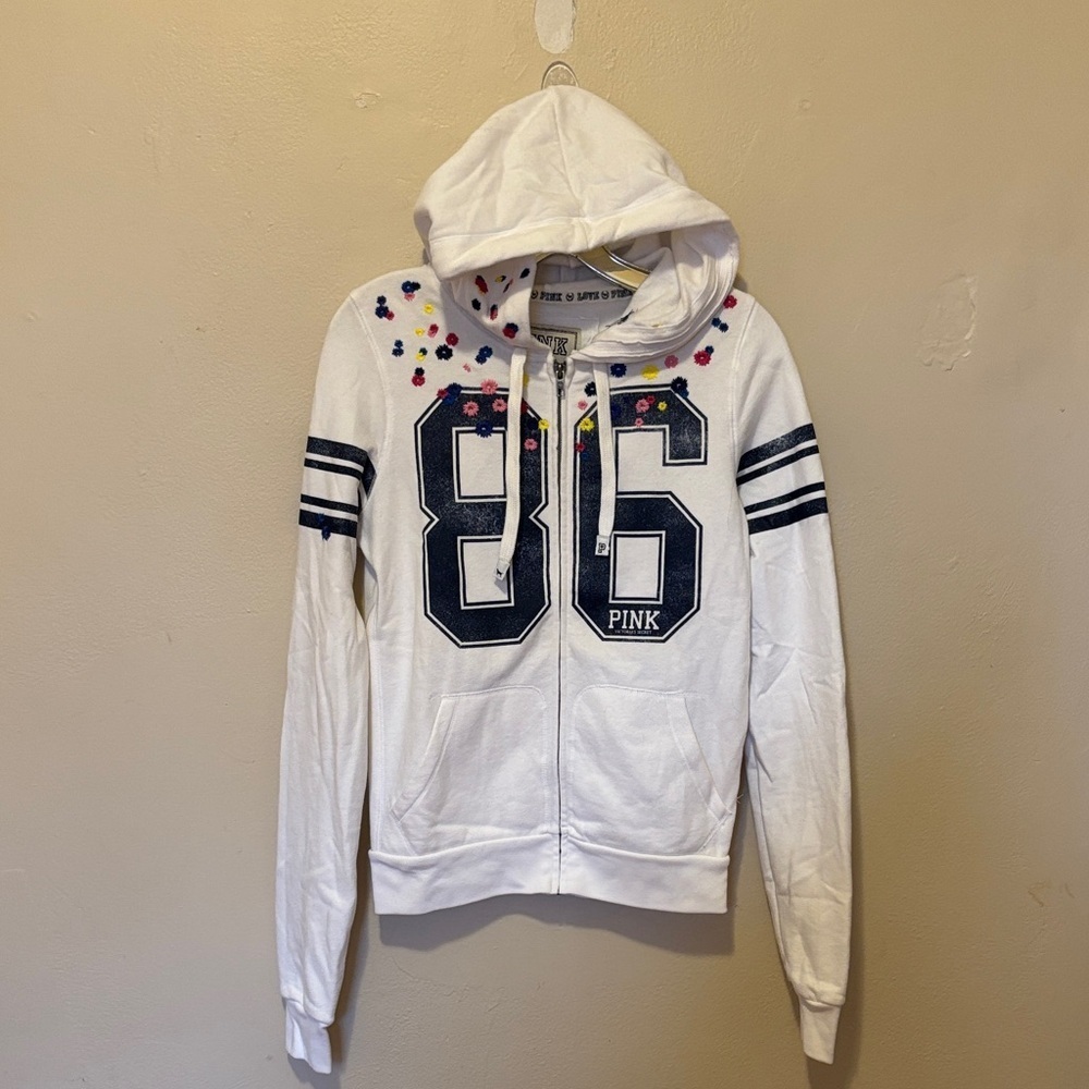 PINK Victoria's Secret White Varsity Jacket with Navy and Floral Accents